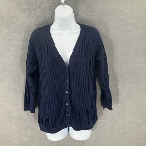 Talbots Women's Blue Cotton Cable Knit 3/4 Sleeve Button‎ Front Cardigan Sz M